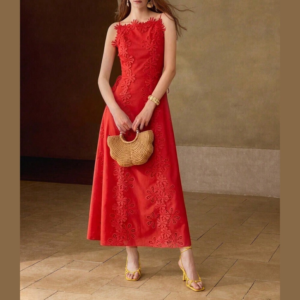 Red Floral Lace Applique Maxi Dress with Tie Waist - Picture 5 of 7
